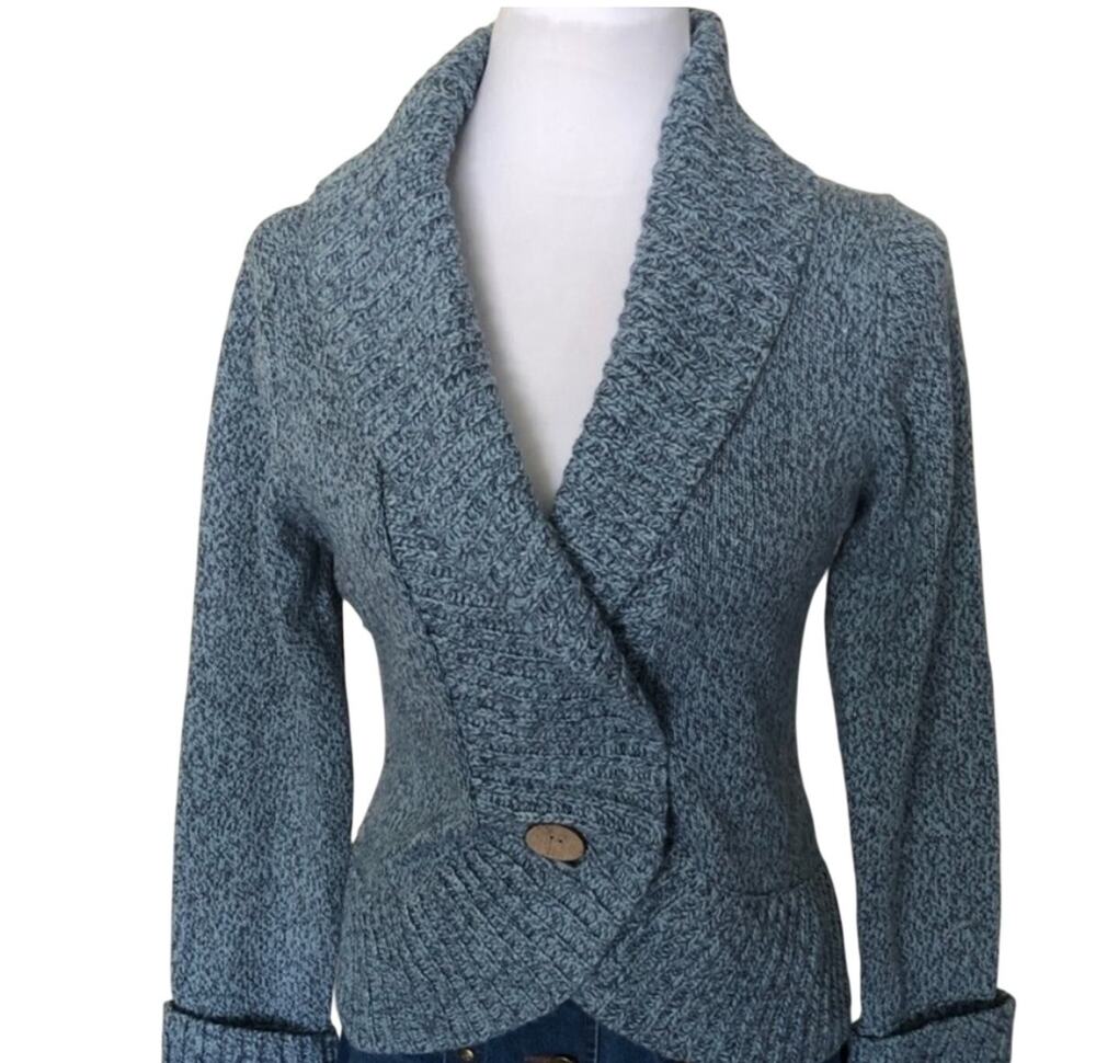 Vintage United States Sweaters Blue Shawl Collar 1 Button Woman's Cardigan S/M